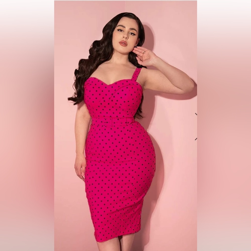 Vixen by Micheline Pitt Fuchsia Polka Dot Midi Dress